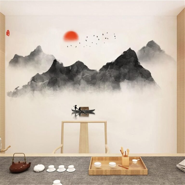 Chinese Ink Painting Mountains Wall Stickers Birds Red Moon Lonely Boat Wall Decals Removable PVC Wallpaper Peel and Stick Living Room Bedroom Studyroom Wall Art Decor