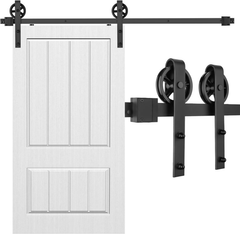 9FT Single Sliding Barn Door Hardware Kit, Basic Black Big Spoke Wheel Roller, Barn Door Track System