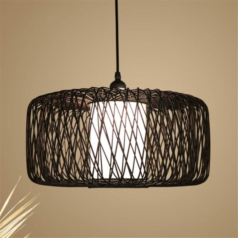 RUNNUP Woven Bamboo Basket Single Light Round Hanging Light Modernism Ceiling Pendant Chandelier Fixture with Inner Parchment Shade for Living Room Bedroom Studyroom Hotel Restaurant in Black,16”