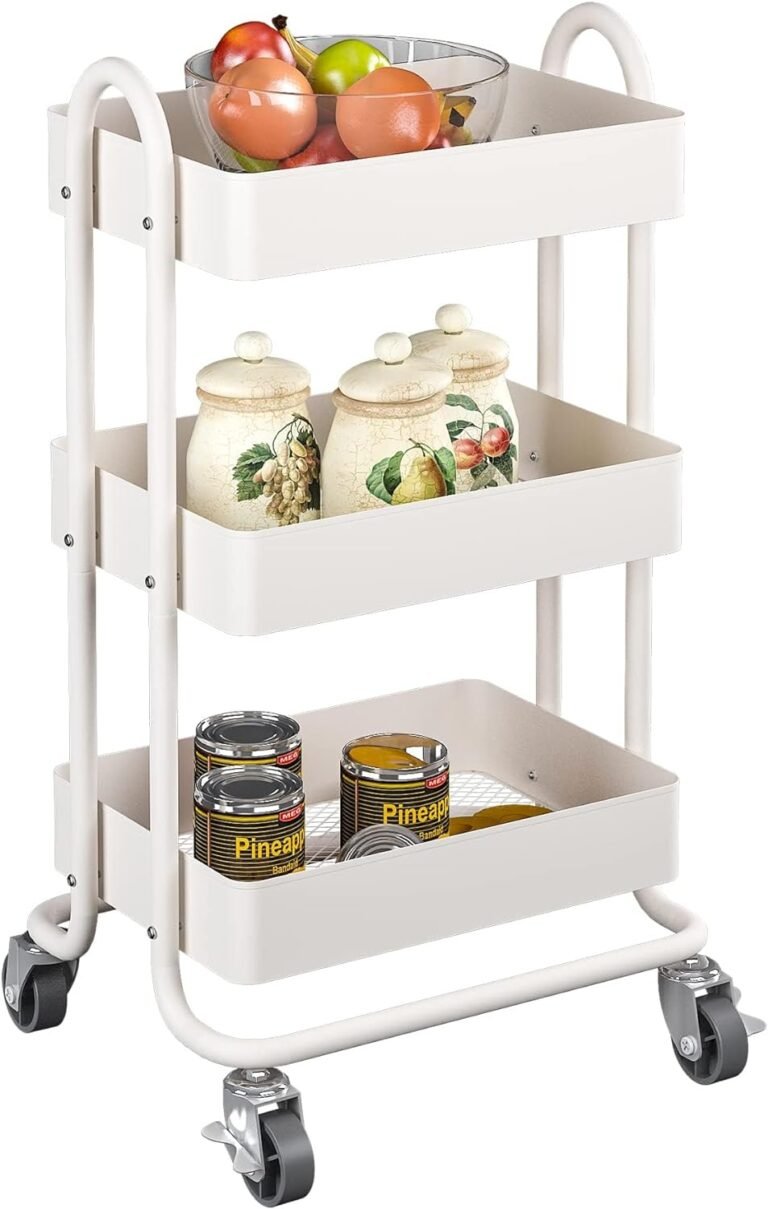 3-Tier Rolling Cart,Metal Rolling Utility Cart with Handle,Steel Multifunction Carts with Wheels,Kitchen Storage Carts Suitable for Office,Home,Kitchen,Garden（13.4″x18.1″x31″） White