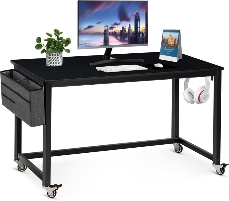 Spurgehom Rolling Computer Desk with 4 Smooth Wheels, Simple Style Mobile Writing Desk Home Office Study Table Movable Workstation with Metal Frame… (Black, 55″)