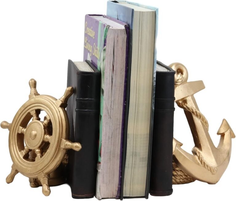 Ebros Nautical Coastal Marine Home Decor Ship Anchor and Captain’s Helm Wheel Bookends Pair Set Statue 7.5″ Tall in Gold Finish Decorative Office Study-room Library Desktop Figurines