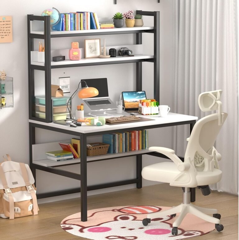 Aquzee Computer Desk with Shelves, 47″ Gaming Desk with Hutch and Bookshelf, White Study Table for Bedroom Space Saving with 3 Tier Storage Shelf, Home Office Desk for Writing Work, Easy Assemble