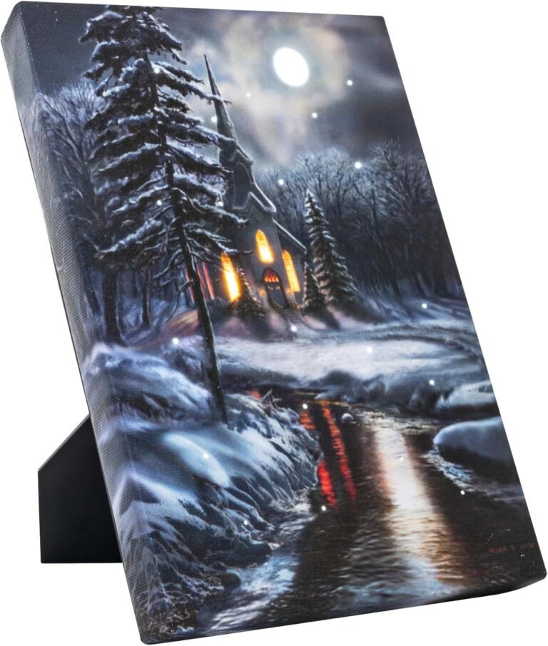 DEMAGNNIE LED Lighted Pictures with Timer and Optic-fiber Lights, Tabletop Light Up Canvas Church Pictures, Winter Scene Canvas Art Church Painting for Christmas’ Day Table Top Decor