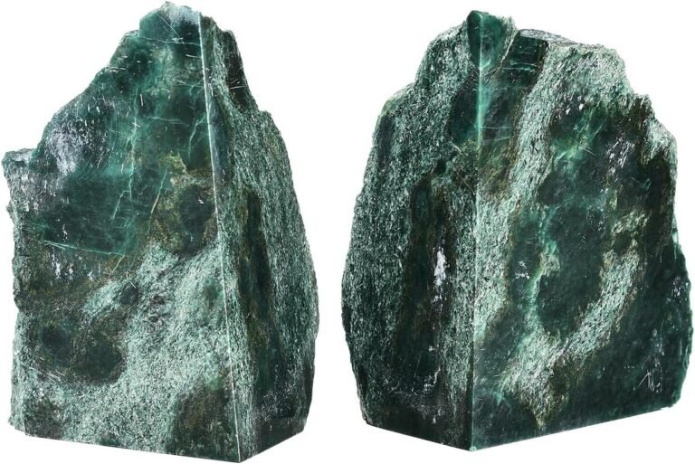 AMOYSTONE Decorative Stone Bookends Green Emerald Books Holder for Kitchen Office Home Studyroom Shelves Decors,1 Pair 3-4 LBS with Rubber Bumpers
