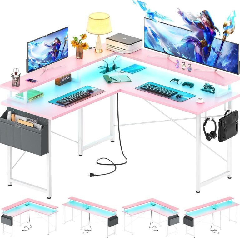 armocity L Shaped Computer Desk with Power Outlets, Gaming Desk L Shaped with LED Lights, Corner Desk with Storage Shelves, Work Study Desk for Bedroom, Home Office Small Spaces, 47”, Pink