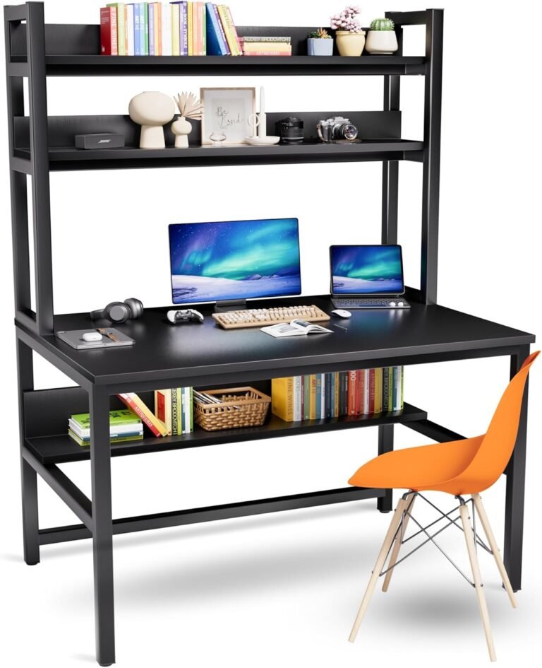 Computer Desk with Hutch and Bookshelves, Large Leg Room 47 inch Width Black Desk with Space Saving Storage Shelves for Home Office,Study, Work, Easy Assemble and All Hardware and Tools Included