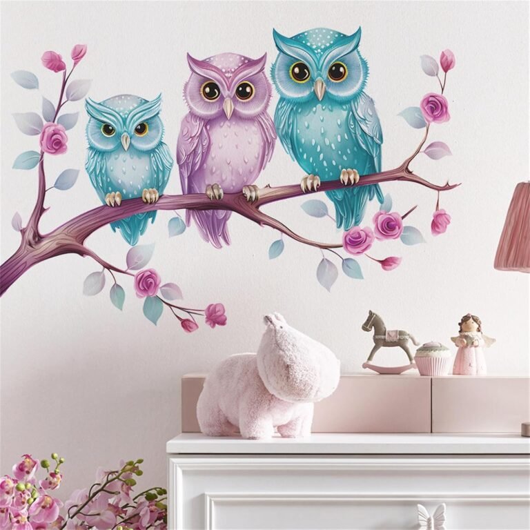 Cartoon Colourful Owl Wall Decals Tree Branch Flower Wall Stickers Removable Wallpaper Peel and Stick Nursery Kids Baby Girls Bedroom Studyroom Wall Art Decor