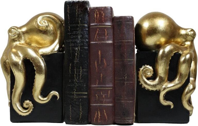 Ebros Contemporary Gold Color Octopus Light Duty Bookends Statue Set Nautical Coastal Resin Decorative Office Study-room Library Desktop Decor Figurines (Black Base)