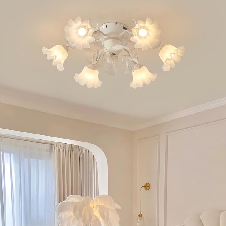 Flower Ceiling Fan with Lights and Remote: Modern 6-Light Chandelier with Fan for Bedroom – Flush Mount Low Profile Fandelier for Living Dining Room – 32″ White Fancy Fan Light for Girls Room