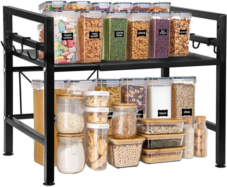 Expandable Kitchen Cabinet Counter Shelf, Adjustable Countertop Organizer, Pantry Storage Shelves with 6 Hooks for Pantry Kitchen Cabinet Bathroom