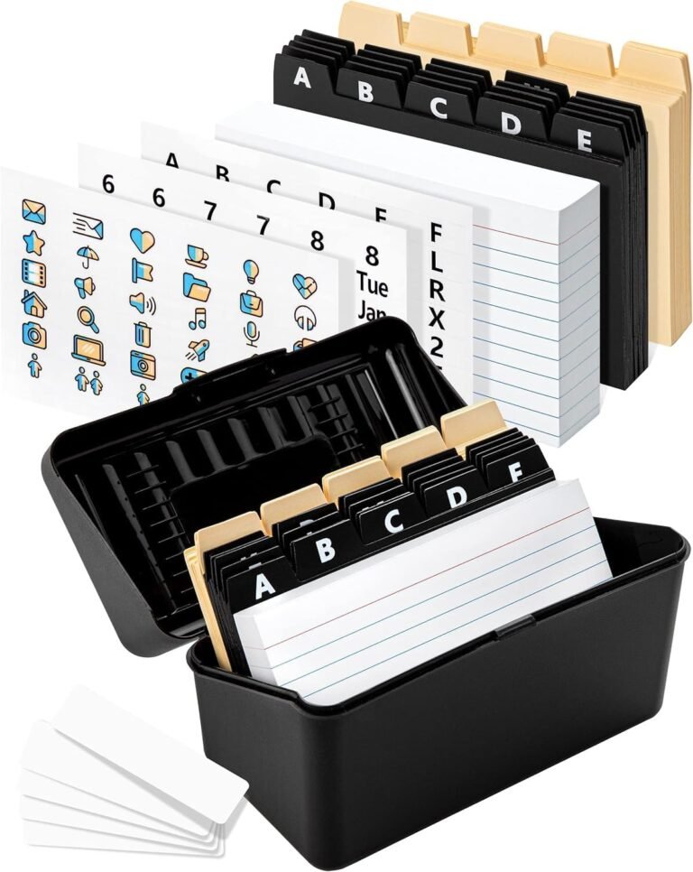 Black Index Card Holder 4×6 – Index Card Box With Index Card Dividers, Ruled Cards & Stickers – Index Card Organizer, Recipe Card Box – Flash Card Holder Box