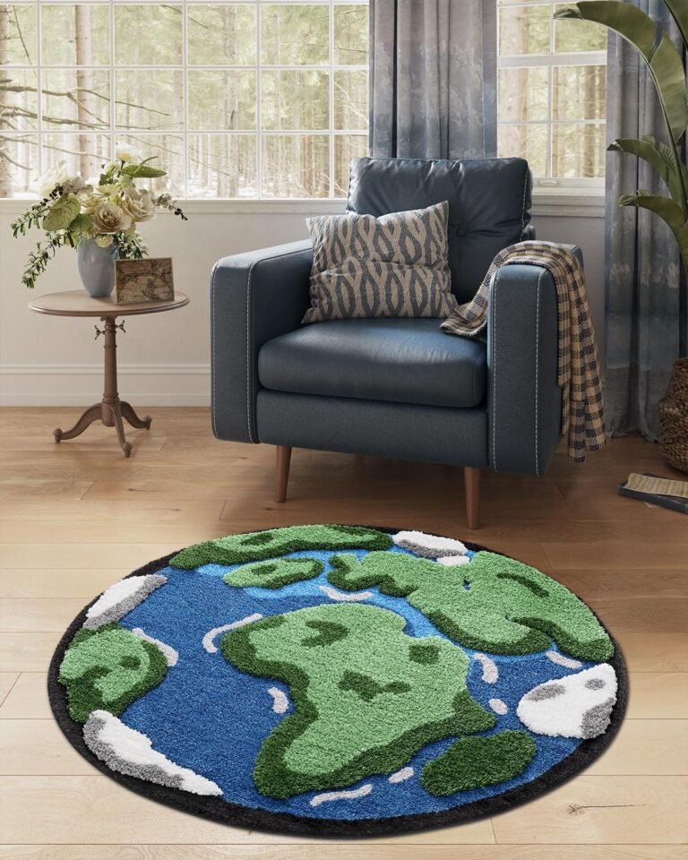 LUMI Area Rug, Shag Ultra-Soft Absorbent Rugs, Washable Non-Slip Backing Moss Carpet, Plush High Pile World Circle Floor Mats for Living Room, Kids Room, Bedroom and Nursery Room, 39″x39″, Earth