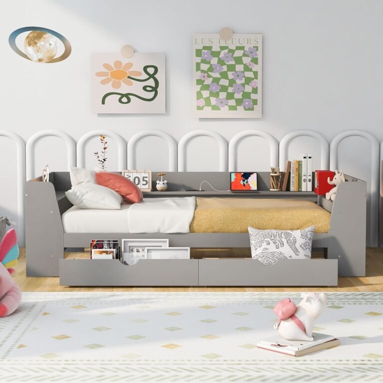 Minimalist Appearance Twin Size Daybed with Shelves, Drawers and Built-in Charging Station, for Girls,Boys,Kids,Teens, Adults,for Bedroom,Guestroom,Studyroom, (Gray-@3-1)