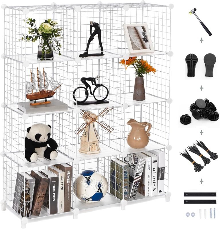 ANWBROAD Wire Cube Storage Organizer 12 Cube Metal Grids Shelves Storage Bins Shelving Stackable Modular Bookshelf Shelf Cubbies Unit Closet Cabinet for Living Room Office White LWT012T