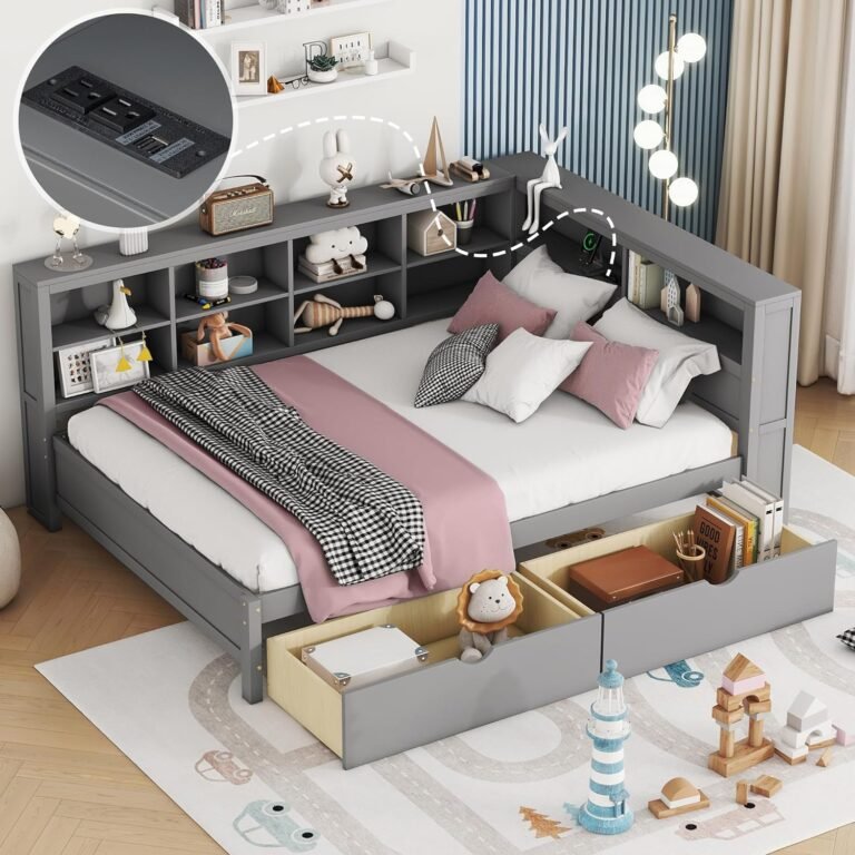 Full Size Daybed with 2 Drawers,Minimalist Wooden Sofa Bed Frame with Storage Shelf and USB Charging Ports for Bedroom, Studyroom, Guestroom, Livingroom (Grey-WD54)