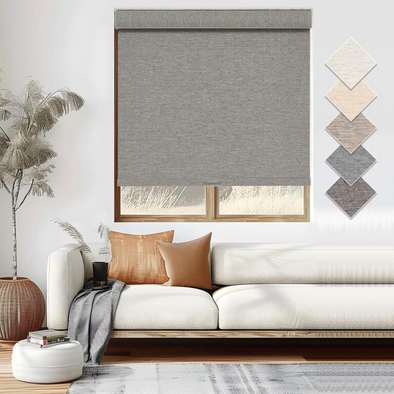 100% Blackout Roller Blinds Cordless Shades with Natural Linen Fabric,Roller Blinds for Indoor Windows,Custom Blinds & Shades for Home,Bedroom,34″ W X 56″ H,Grey(Blackout)