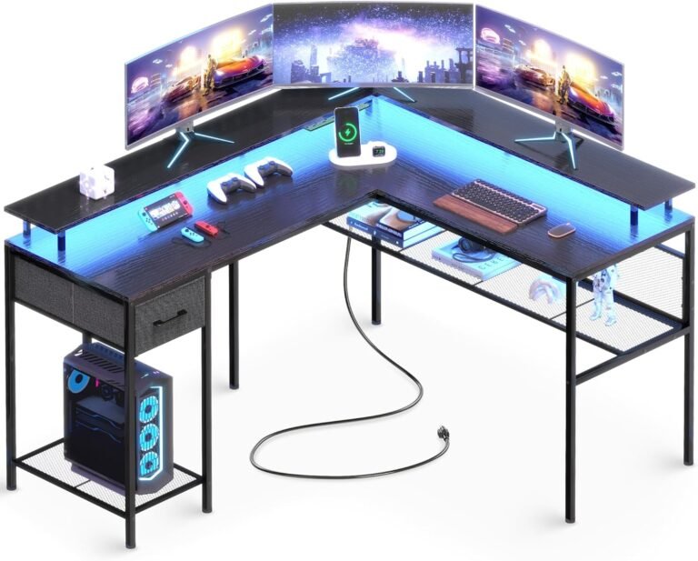 L Shaped Desk Gaming Desk with LED Lights & Power Outlets, Computer Desk with Storage Shelves, Corner Desk Home Office Desk, Black