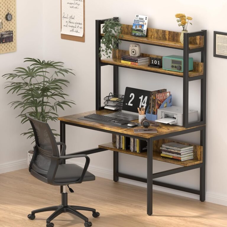 Aquzee Computer Desk with Hutch & Shelves, 47in Wide Desk with Bookshelf, 47“W x 23.6“D x 65“H Tall Home Office Desk, Metal Legs Study Table with Upper Storage Shelf for Study Writing/Workstation