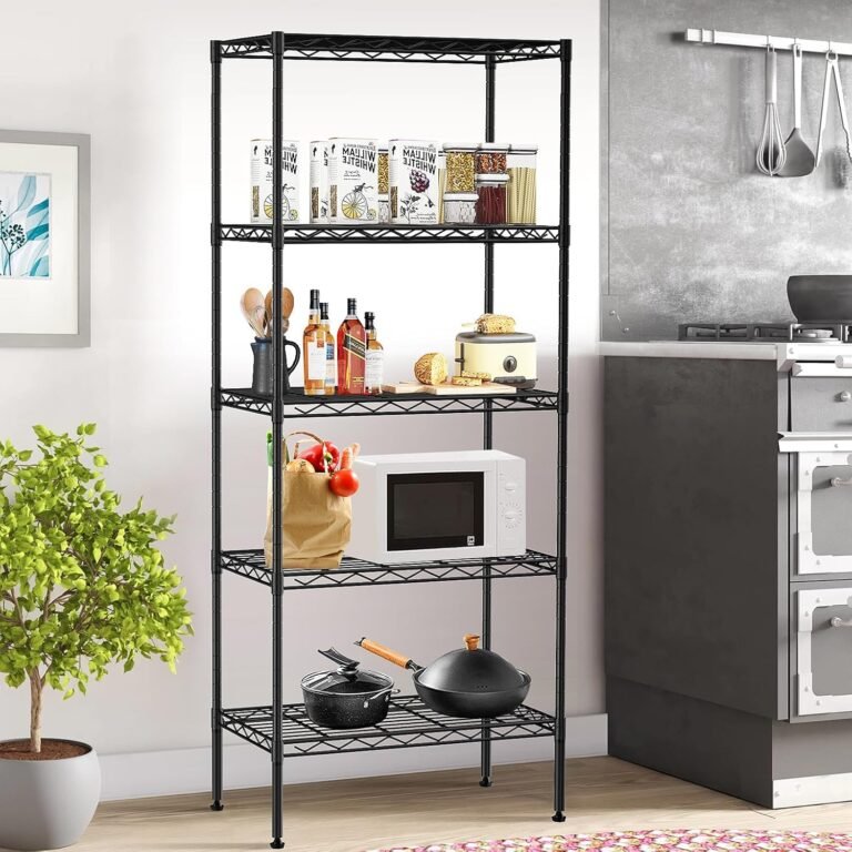BLKMTY 5-Tier Wire Shelving Unit Storage Shelves with Feet Leveler Height Adjustable Shelves 21″x11″x47″ Heavy Duty Metal Storage Rack for Home Kitchen Bathroom Garage Organization, Black