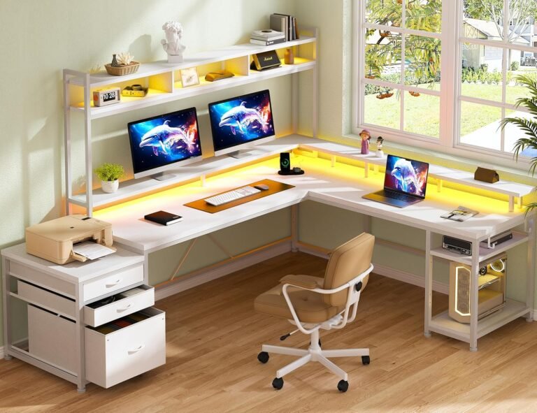 EnHomee L Shaped Gaming Desk with Drawers 66″ Reversible Home Office Desks with LED Light & Power Outlets White Computer Desk with Monitor Stand & Shelves for Home Office StudyRoom Gaming Room