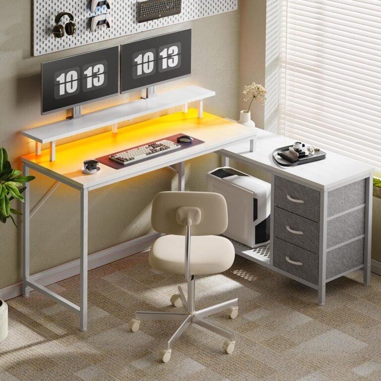 Reversible L Shaped Computer Desk with Drawers, Gaming Desk with LED Lights and Power Outlets, Office Desk with Storage Shelves, Corner Desk with Monitor Stand, for Home & Office, White