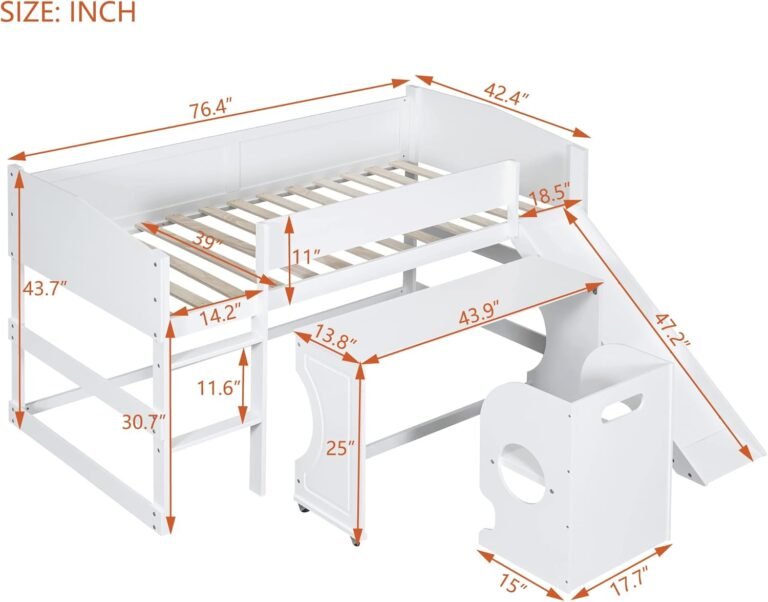 RUNNA Versatility Low Study Twin Loft Bed with Rolling Portable Desk Slide and Chair,Multiple Functions Bedfor Girls Boys Teens,for Bedroom,Studyroom Guest Room,Apartment (White-Low Study Twin LF B)