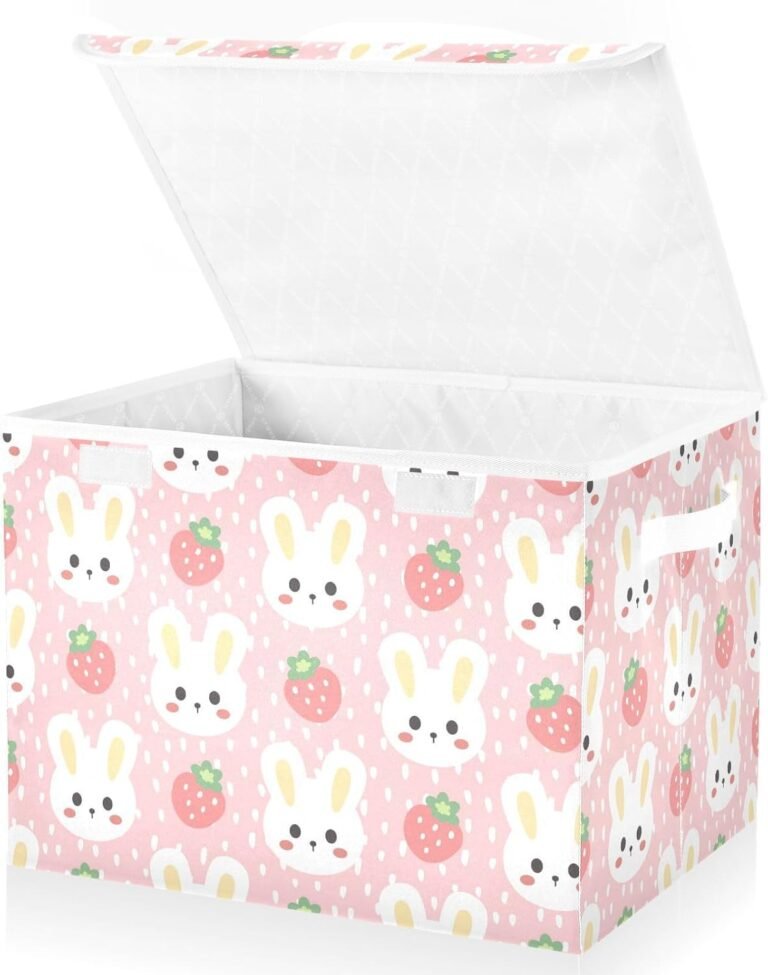 JUNZAN Cute White Bunny with Strawberry on Pink Storage Box With Lid Collapsible Bathroom Storage Gallon Storage Bins for Home Studyroom Dormroom Storage