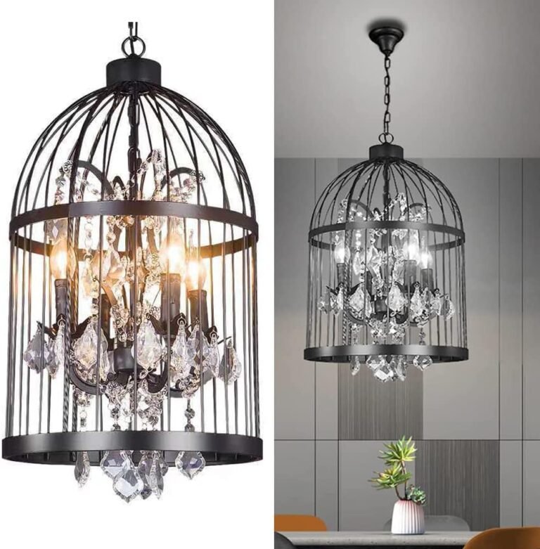 Industrial Birdcage Pendant Lighting Vintage 4-Light Cage Crystal Chandelier Retro Black Hanging Ceiling Light Fixture for Dining Room Bar Foyer Cafe
