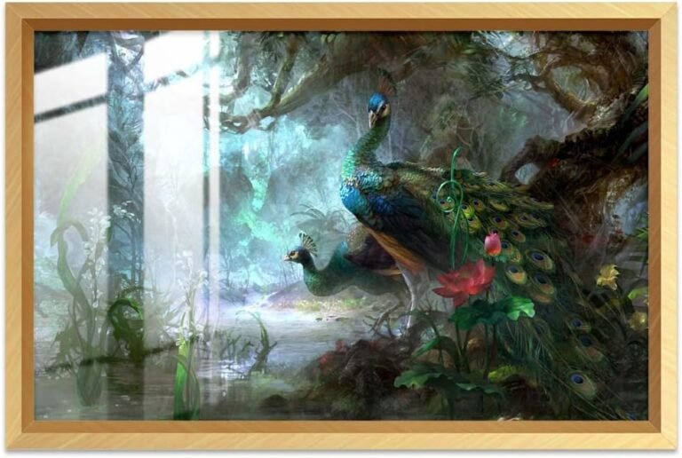 Diycoend Wall Art-Gold Aluminum Framed Canvas Decorative Painting,Aestheticism Lotus Peacock Canvas Print Wall Great for Modern Home Gift Decorative Painting StudyRoom Bedroom Kitchen Bathroom 18″x12″