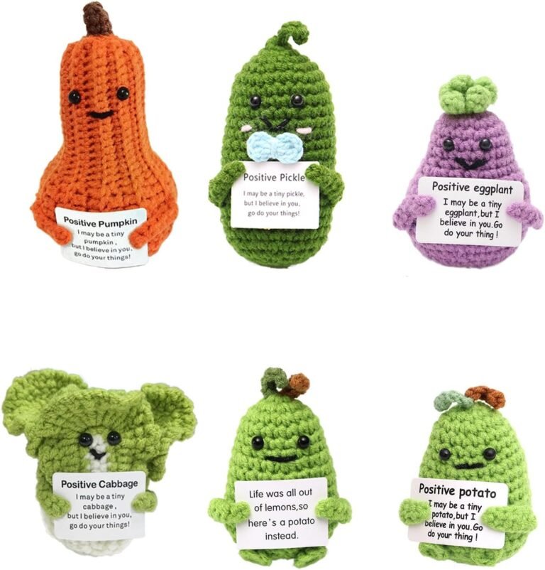 6PC Handmade Emotional Support Pickle Crochet Bulk, Handmade Positive Crochet Animals Dolls with Positive Cards for Birthday Gifts, Home Office Desk Car Decor (6Pack)