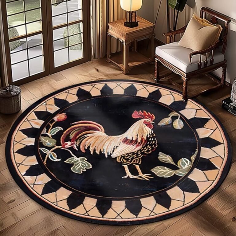 Large Round Rustic Farmhouse Rooster Rugs Vintage Chicken Floor Mats for Living Dinning Room Bedroom Washable Home Decor Hen Carpets,5ft
