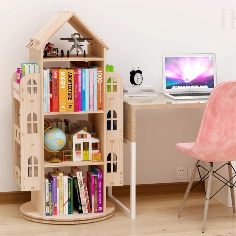 4-Tier Rotating Bookshelf,360 Display Floor Standing Bookcase,Children’s Bookshelf,Wooden Book Shelf for Bedroom Studyroom