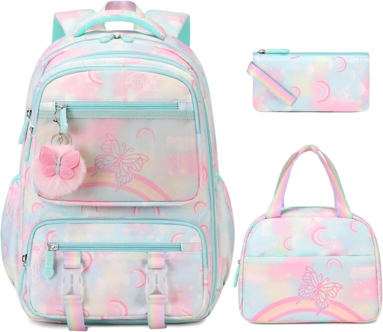 Backpack for Girls, Rainbow Butterfly Girls Backpacks with Lunch Bag Pencil Case Set, Kids Backpack Kindergarten Elementary Middle School Book Bag for Teen Girls Children Students