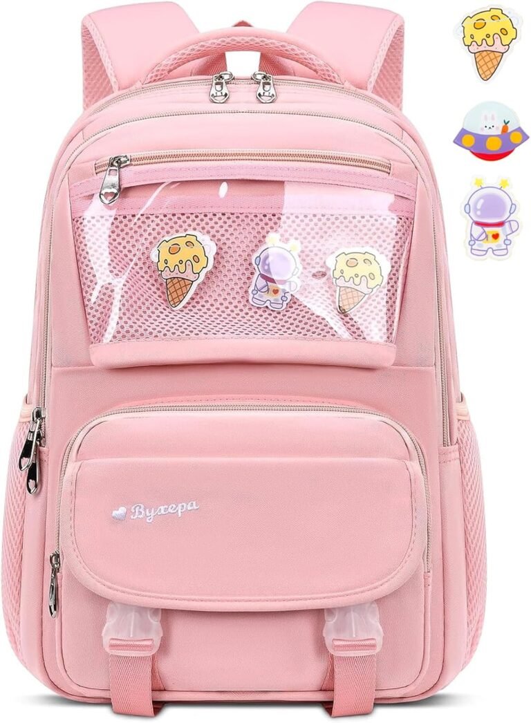 Girls Backpack, Kawaii Kids School Backpacks with Cute Pin Accessories for Girls, Cute Book Bag with Compartments for Teen Girl Kid Students Elementary Middle School, Kids’ School Bag, 16in(Pink)
