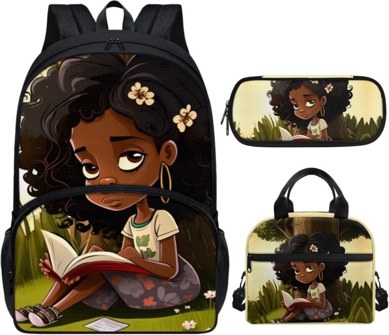 Preppy African Girls Backpack with Lunch Box Set Afro Black Girls Bookbag Age 8-10/10-12,Elementary Middle School Bag Lunch Bag Pencil Case 3 in 1 Kids Book Bag Pack 2Nd/3Rd/4Th/5Th Grade