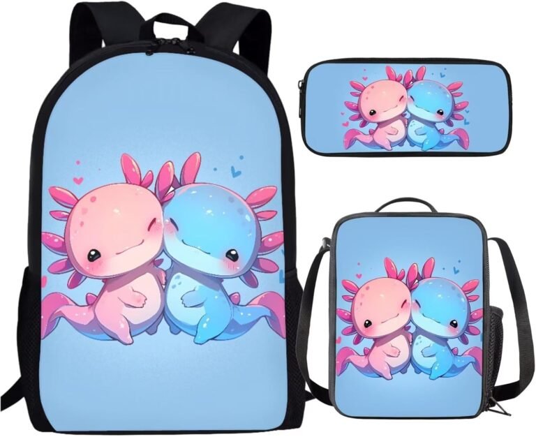 Cute Backpack for Middle School Girls with Lunch Box Axolotl Kids Book Bags for Teenage Girls 10-12/8-12/6-8 Lunchbox Blue Salamander Elementary Bookbag Schoolbag Lunch Bag Book Bag Set