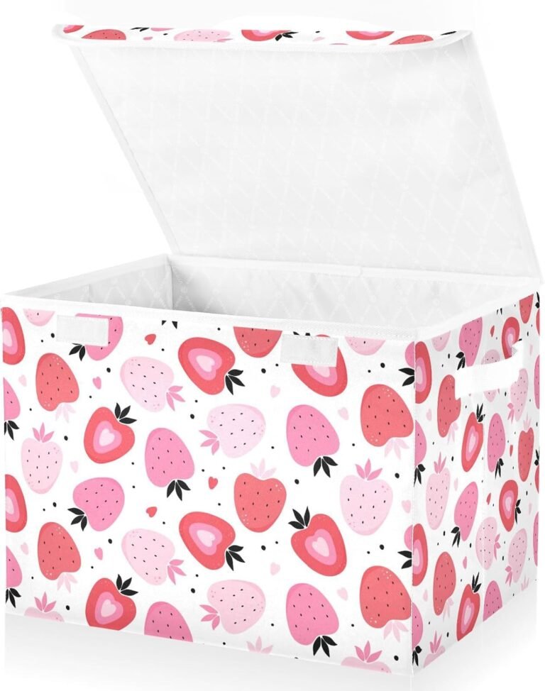 JUNZAN Handdrawn Strawberries Love in Pink and Red Storage Boxes With Lids Foldable Closet Organizer Quart Storage Bins for Home Studyroom Home Decor