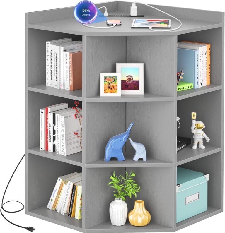 Aheaplus Corner Cabinet, Corner Storage with USB Ports and Outlets, Corner Cube Toy Storage for Small Space, Wooden Corner Cubby Bookshelf with 9 Cubes for Playroom, Bedroom, Living Room, Grey