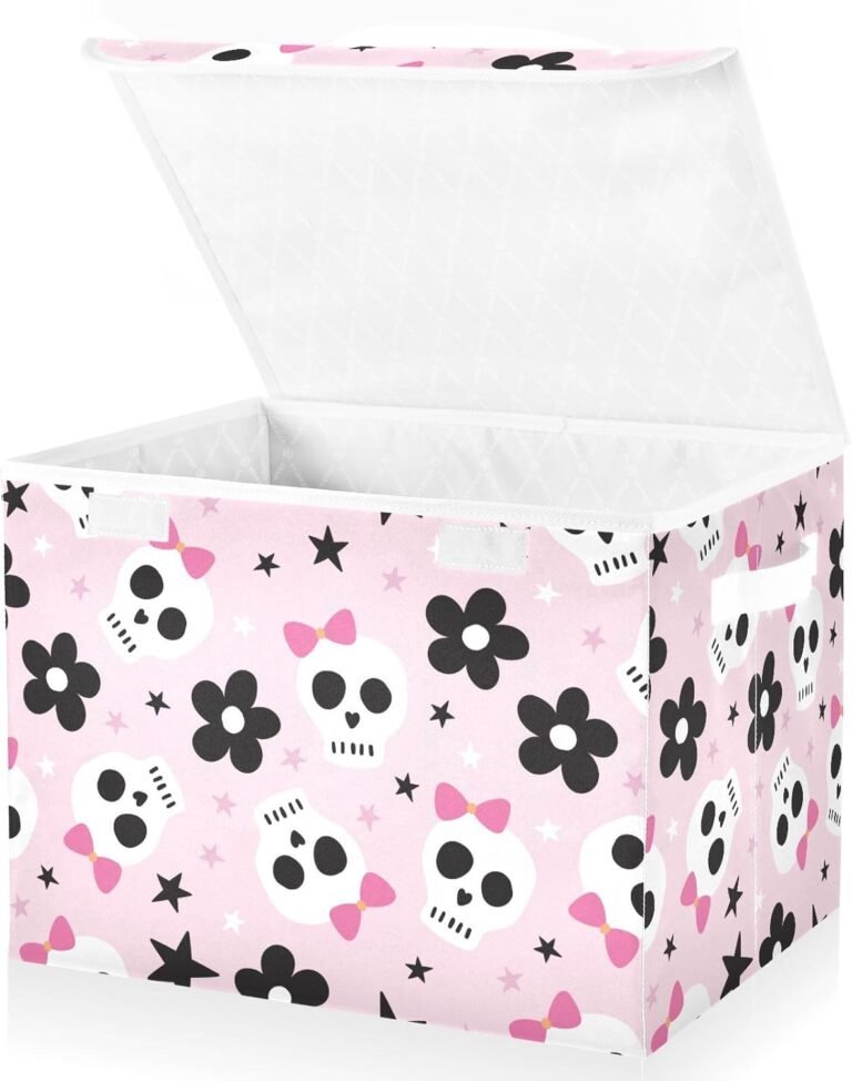 JUNZAN Halloween Spooky Skeleton Stars Pink Storage Bin With Lid Collapsible Storage Organizer Boxes With Lids for Home Studyroom Dormroom Storage