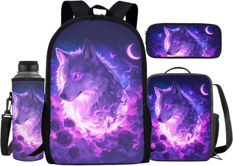 Galaxy Wolf Girls Backpack with Lunch Box for Middle School 4 in 1 School Bag Set Kids Bookbag Age 4-8 Boys Backpacks for Elementary School Bookbags for 1st Grade Girls