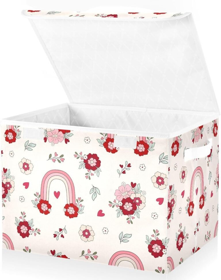 JUNZAN Groovy Retro Valentine’s Love Hearts Flowers Storage Totes With Lids Collapsible Clothing Storage Storage Bins With Lids Stackable for Home Studyroom Dormroom Storage