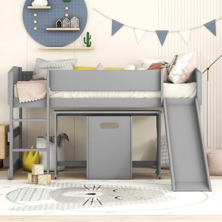 RUNNA Versatility Low Study Twin Loft Bed with Rolling Portable Desk Slide and Chair,Multiple Functions Bedfor Girls Boys Teens,for Bedroom,Studyroom Guest Room,Apartment (Gray-Low Study Twin LF B)
