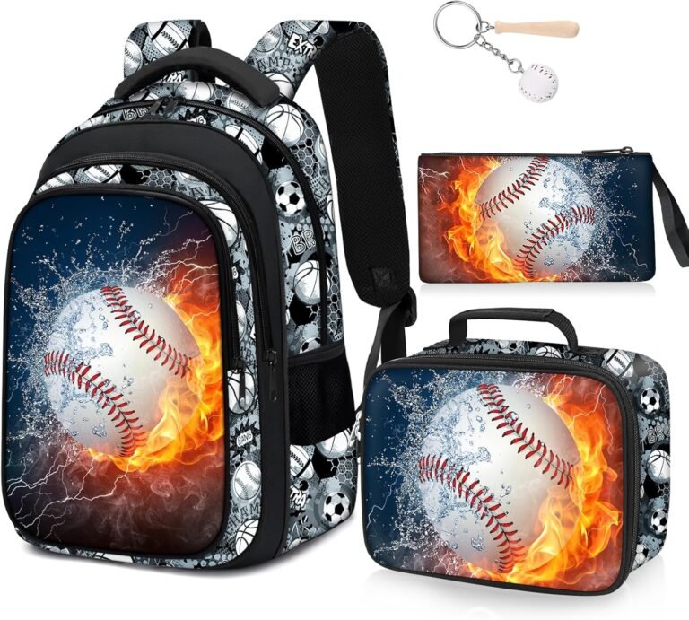School Backpack for Boys – 4pcs Baseball Boys Backpack with Lunch Box Set for Kids Children Teens Elementary Middle School – 17″ Sport Bookbag Travel Back Pack for Age 6-18