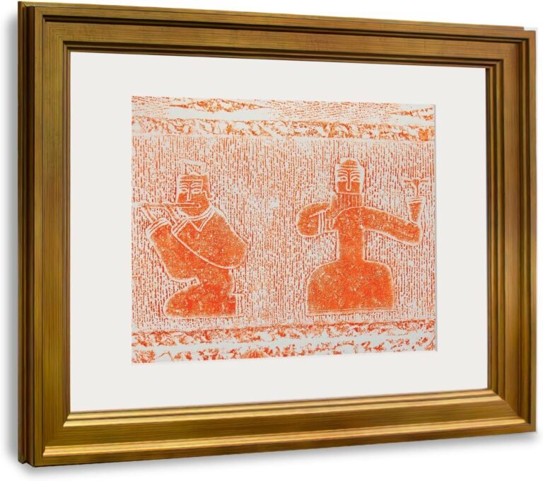 XM-GENYUE Chinese Culture Framed Wall Art Musicians Play Rice Paper Rubbings Artwork Painting, Classical Gold Framed Wall Decor for Living Room, Home Office, StudyRoom, Ready to Hang