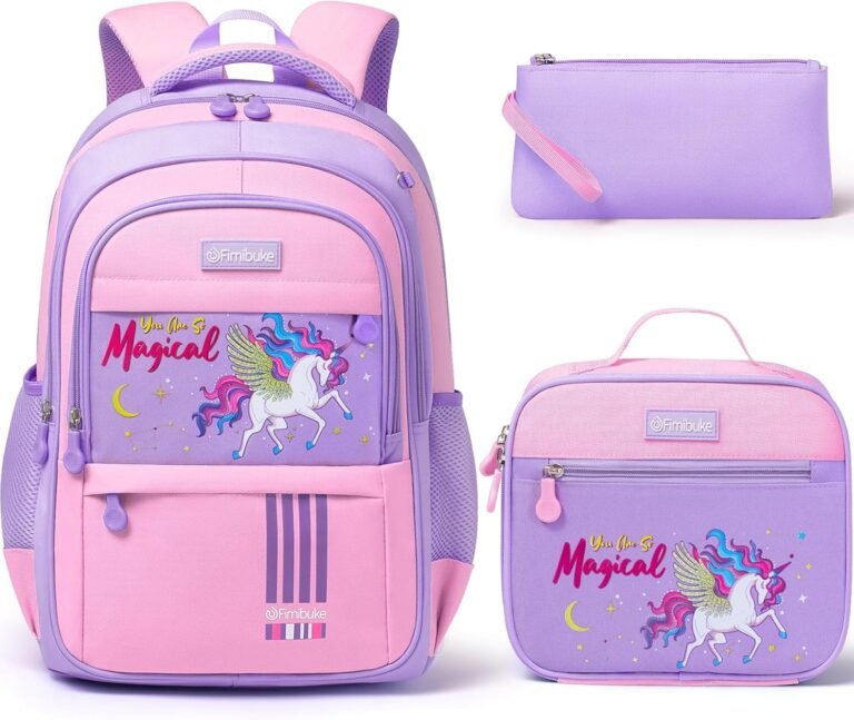 Fimibuke Kids Backpack for School Girls – 3 PCS Waterproof Teen Girl Backpack with Lunch Box & Pencil Pouch Set, School Bag Bookbag Daypack for Kindergarten Elementary Middle School, Age 5+(Unicorn)