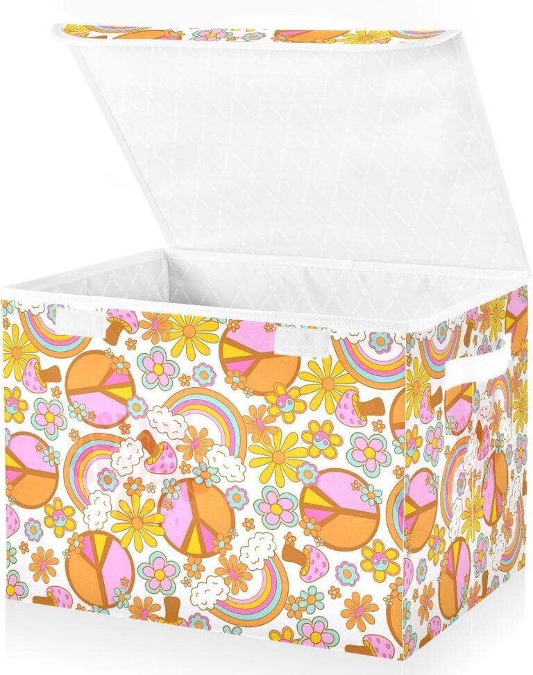 JUNZAN Hippie Flowers Pink Line Peace Love Storage Container With Lid Stackable Storage Organizer Fabric Storage Bins for Home Studyroom Dormroom Storage