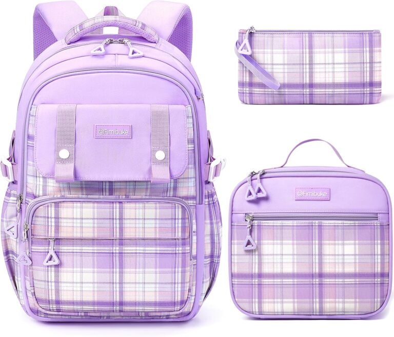 Fimibuke Kids Backpack for Girls, 3 PCS Waterproof Teens Girls School Backpack with Lunch Box, Pencil Pouch Set, Cute Bookbag Travel School Bag for Elementary Middle High School Student Age 6+(Purple)