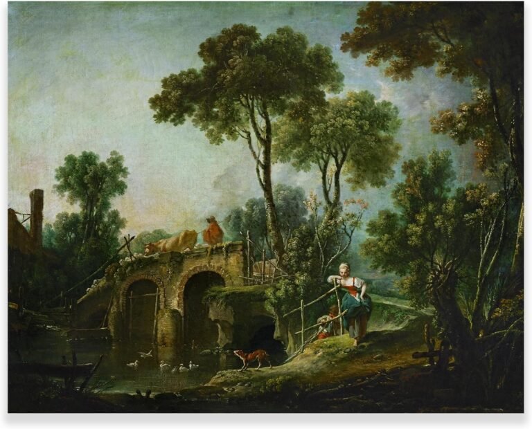 Generic Francois Boucher Prints – The Bridge Art Poster – Rococo Style Oil Painting – Rustic Oil Painting Wall Art – for Studyroom/Corridor Decor Pictures Unframed (12x15inches/30x38cm)