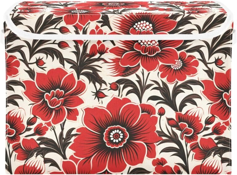 JUNZAN Red Flowers Abstract Retro Storage Bin With Lid Foldable Storage Crates Large Plastic Storage Bins for Home Studyroom Home Decor